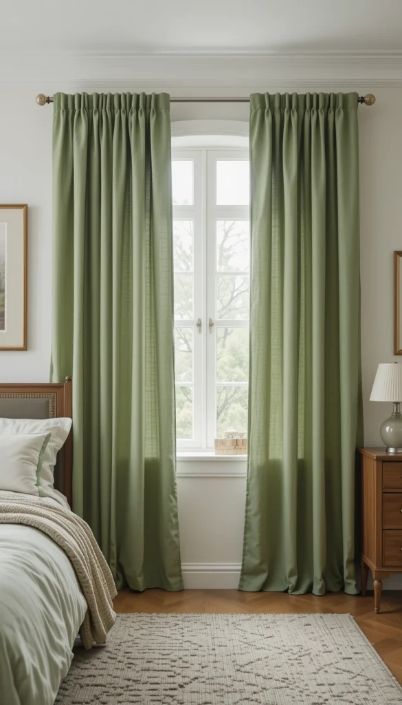 Sage green curtains bring in color while keeping the mood relaxed and sophisticated. This shade works especially well in bedrooms with white walls, warm wood furniture, or beige bedding, because it bridges cool and warm tones effortlessly. The color feels connected to nature, which makes the space more restful without looking themed. Linen or cotton blends enhance the softness and prevent the green from feeling flat. This is a great choice if you want color that feels grown-up and timeless rather than decorative.