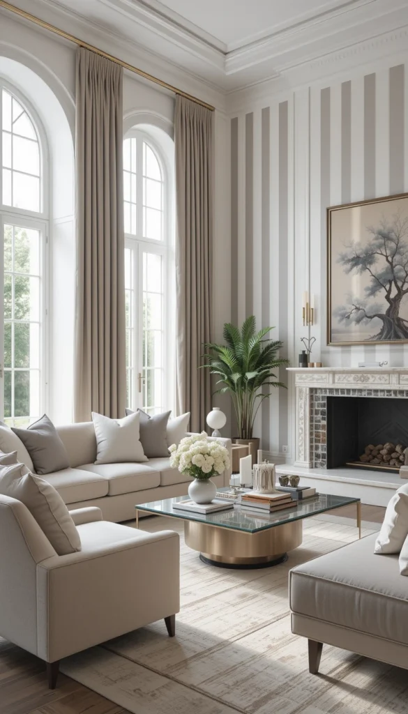 Greige stripes are perfect if you want something polished but not flashy. They add dimension to white walls while keeping the palette neutral. Vertical stripes here make the living room feel taller and more refined. This is a favorite in modern luxury interiors for a reason. It feels expensive without trying too hard.