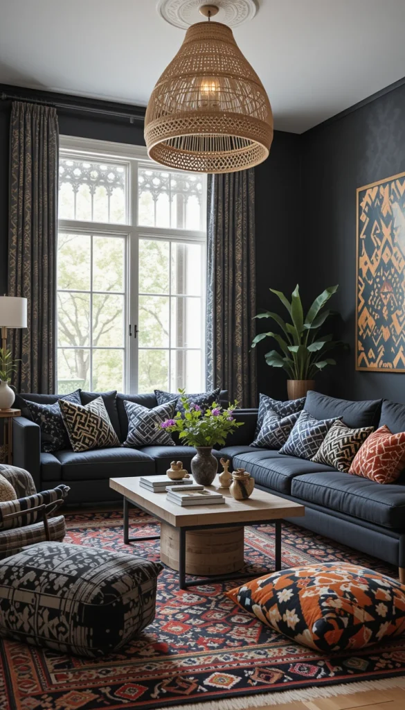 Black works well with bold, global-inspired patterns. Think tribal rugs, mud cloth pillows, or Moroccan poufs. The patterns bring movement and story into the space. Black grounds these elements so they don’t compete. The room feels collected, not chaotic.