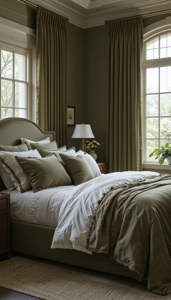 Olive green curtains add depth and richness to a bedroom, especially when paired with neutral bedding. This color feels grounded and mature, making it ideal for elegant spaces that lean slightly moody. When used in rooms with good natural light, olive adds drama without making the room feel heavy. The key is choosing a matte or lightly textured fabricrather than anything shiny. It’s a strong but controlled color choice that instantly elevates the room.