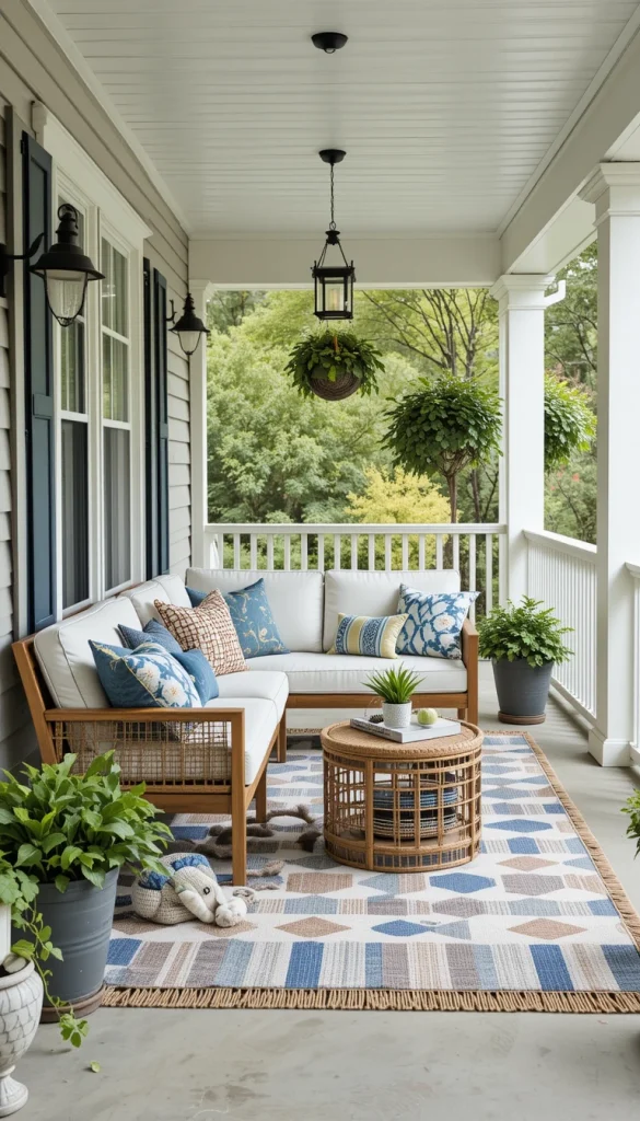 An outdoor rug defines the porch as a true living area. Spring-friendly patterns like light stripes, subtle florals, or woven textures work best. Rugs soften concrete or wood floors instantly. This is especially helpful for covered porches with seating. A grounded space always feels more finished and inviting.