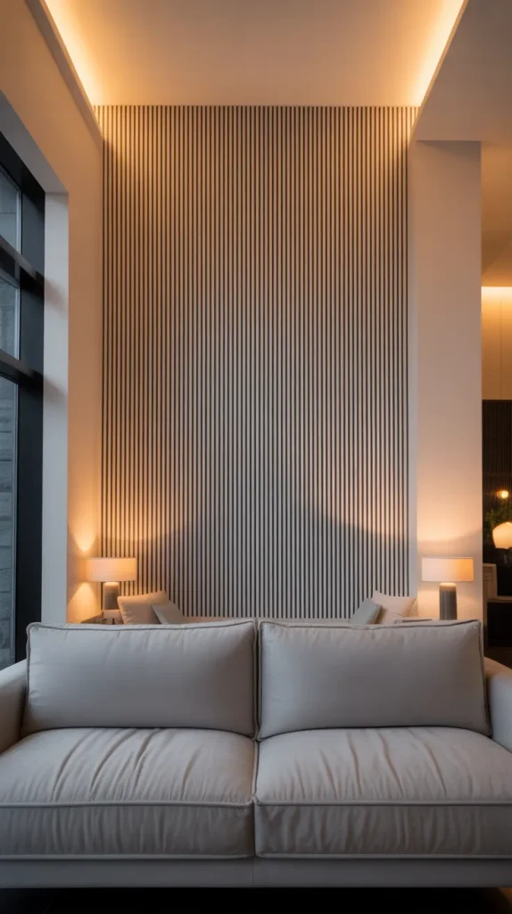 Using stripes on just one wall keeps the look controlled. Vertical stripes behind the sofa naturally draw the eye upward. This creates a focal point without overwhelming the room. It’s a great solution if you’re stripe-curious but cautious. The impact is strong and stylish.