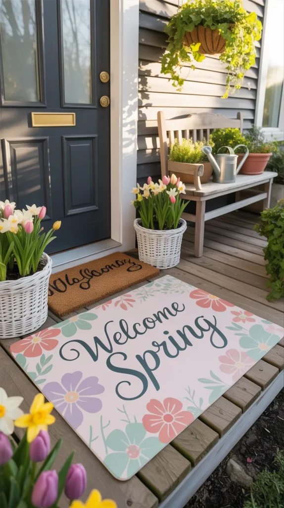 A new doormat is the fastest way to signal the season has changed. Choose one with light colors, floral details, or cheerful lettering to soften the entry instantly. This works especially well if your porch structure is neutral or dark. A spring-themed mat also pairs well with existing decor, so nothing else has to change. It’s a small update, but it sets the tone before guests even knock.