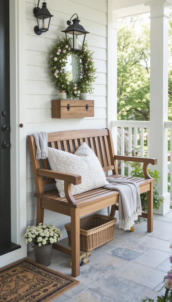 A small wooden bench adds both function and charm. Style it with one pillow, a folded throw, or a small lantern to keep it uncluttered. This creates a welcoming pause point near the door. Benches work especially well on farmhouse or cottage-style porches. Simple styling prevents the space from feeling crowded.