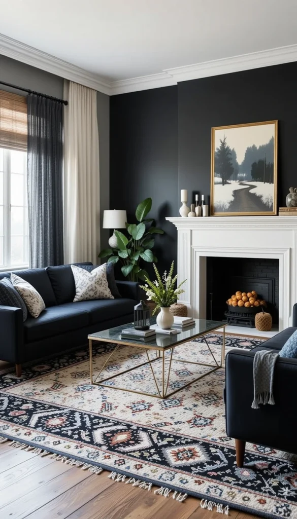 Layered rugs keep black spaces from feeling too serious. Mix neutral base rugs with patterned or textured top layers. This adds warmth underfoot and visual interest. In real living rooms, rugs also help define seating areas. Function meets style here.