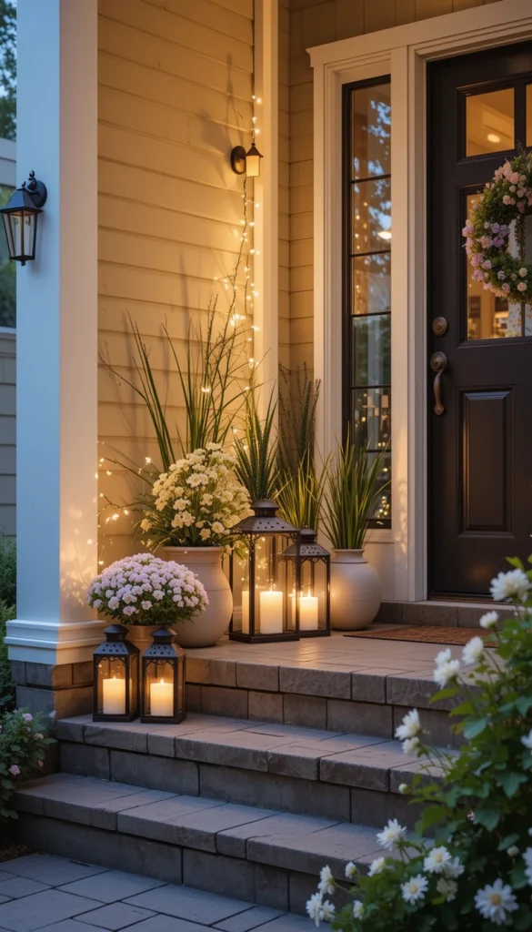 Lanterns filled with LED candles or string lights create warmth without overpowering daylight decor. Place them near steps or corners for balance. Lighting adds depth and makes the porch feel intentional even during the evening. This works beautifully for homes that get visitors after sunset. Soft light makes spring evenings feel longer and more relaxed.