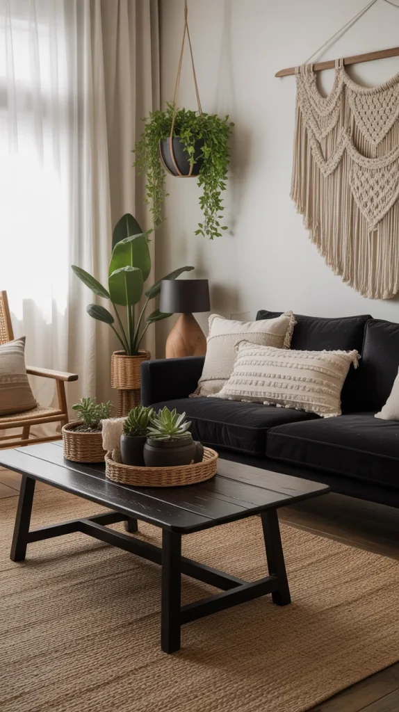 Using black furniture against light walls creates contrast without darkness. This approach is great for smaller living rooms. The black pieces feel intentional, not heavy. It’s a smart compromise for those easing into darker decor. Balanced and flexible.