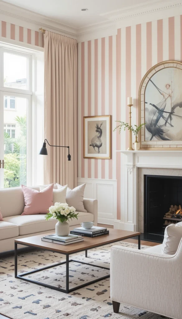 Blush stripes bring warmth without turning the living room overly feminine. Cream keeps the look grounded and elegant. Vertical stripes help blush feel architectural rather than decorative. This works well in contemporary homes with clean-lined furniture. It’s subtle, modern, and surprisingly versatile.