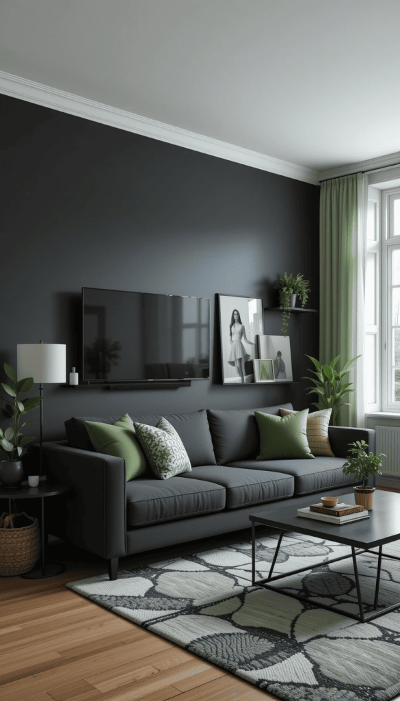 Try a Black Accent Wall With Green Decor