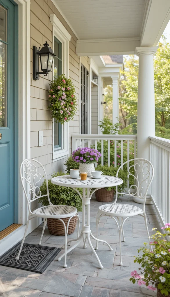 A compact bistro set turns your porch into usable space. Even a tiny table and two chairs encourage morning coffee or evening chats. Choose light metal or wood finishes for a spring-ready look. This works especially well on apartment or townhouse porches. Functional decor always feels more authentic.