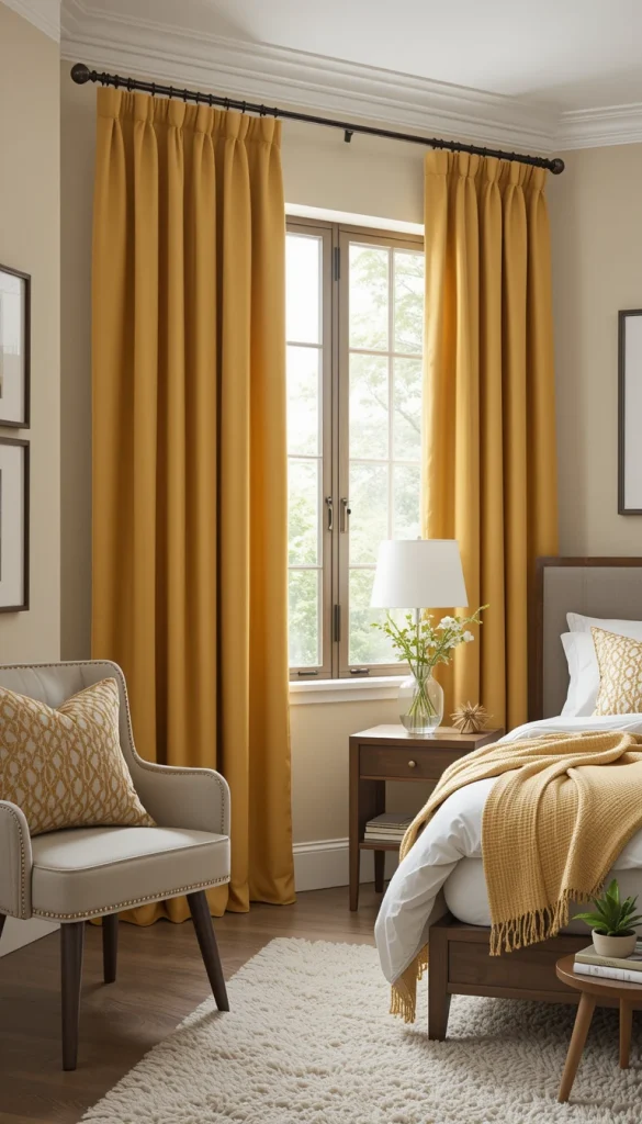 Soft mustard curtains add warmth without shouting for attention. When the yellow is muted and slightly earthy, it feels mature and elegant. These curtains work best with neutral walls, wood tones, and minimal patterns. The color adds life to the room while keeping things balanced. It’s a great option for bedrooms that feel too cool or flat.
