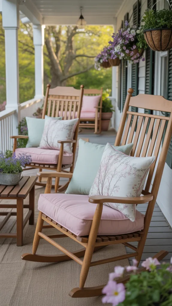 Swapping out dark cushions for pastels or soft florals can completely change porch seating. Spring pillows brighten wood or metal furniture without replacing it. Choose weather-resistant fabrics so they last through rain and sun. This update works well for porches with rocking chairs or benches. The comfort upgrade is as important as the visual one.