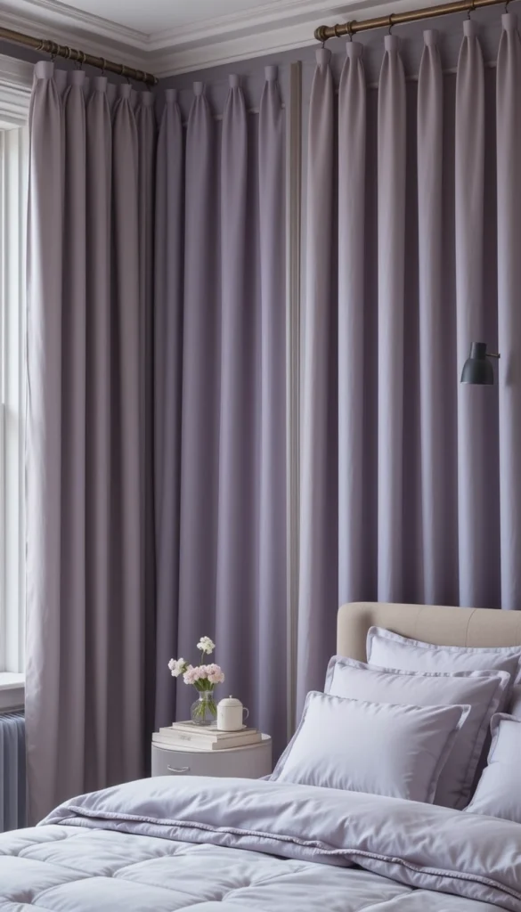 Lavender curtains can feel elegant when the shade leans gray rather than pastel. In bedrooms, this color adds a gentle softness that supports relaxation. Pairing it with neutral bedding and minimal decor keeps the look refined. The color catches natural light beautifully, giving the room a subtle glow. This choice works well for anyone who wants color that feels calm and unexpected.