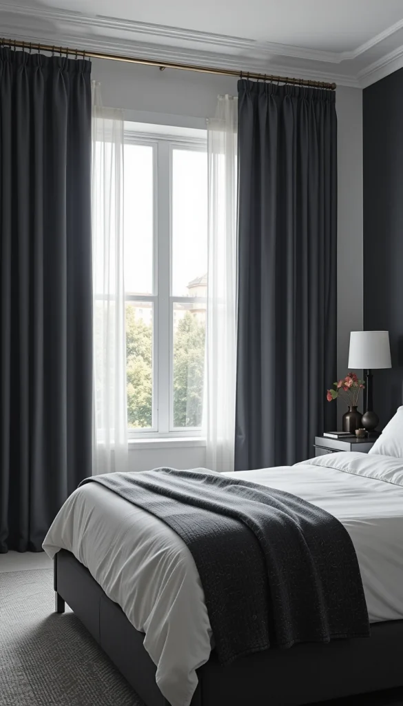 Charcoal curtains add weight and sophistication to a bedroom. While darker, they still read as elegant when paired with light walls and soft textures. The contrast makes the room feel intentional and grounded. These curtains are especially effective in modern bedrooms with clean lines. They prove that darker colors can still feel calm and refined.