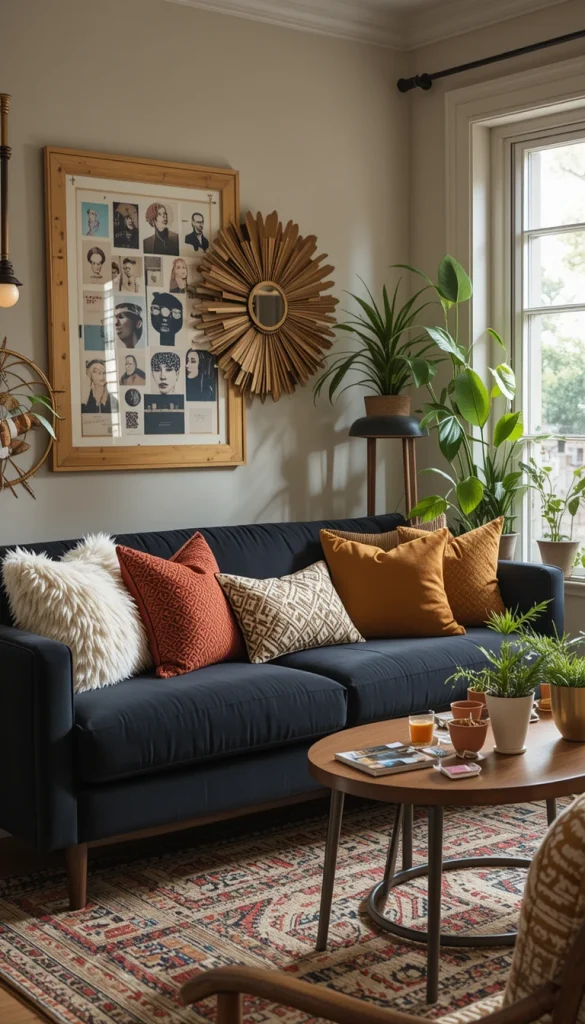A black sofa becomes surprisingly versatile in a boho setting. Layer it with rust, cream, olive, or mustard cushions to avoid a stark look. The contrast makes the seating area feel intentional and grounded. In real homes, this setup holds up well to daily use while still looking styled. It’s practical and visually rich.
