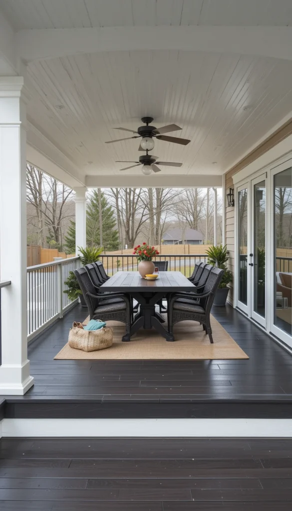 A covered vinyl deck becomes a true outdoor room. Vinyl handles moisture well, making it ideal for spaces exposed to rain or snow. When paired with a roof or pergola, it stays usable almost all year. This setup works beautifully for dining or lounging. It turns the deck into a space you actually use, not just admire.
