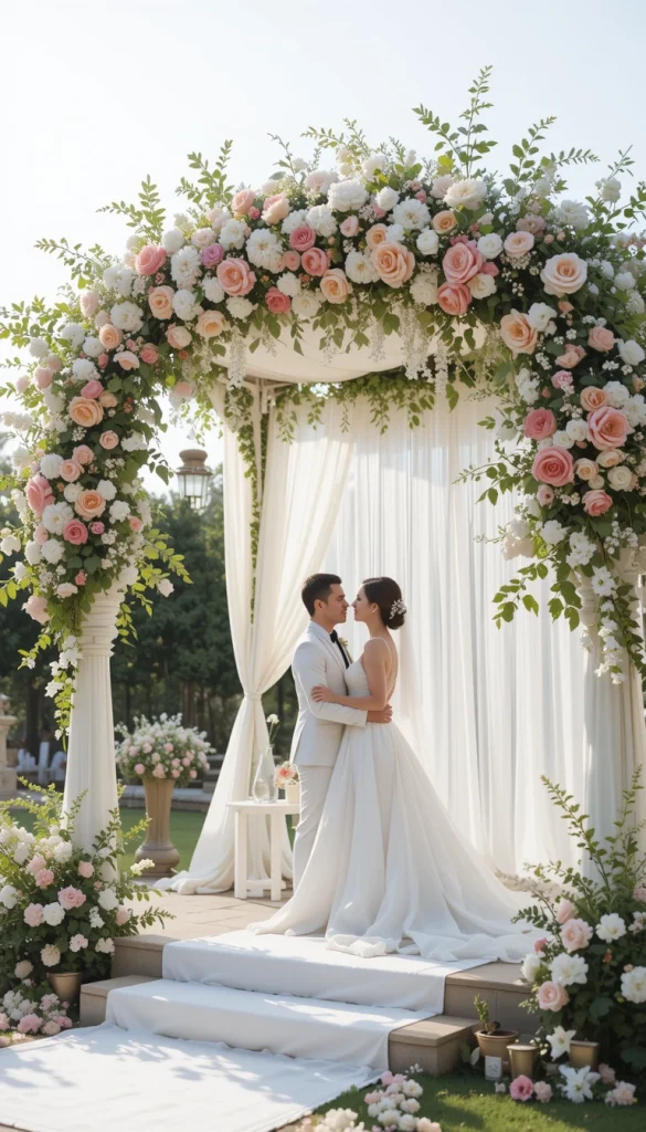 A floral canopy creates a sense of enclosure and intimacy. Flowers arranged overhead draw attention upward and inward. This design works beautifully for smaller, emotional ceremonies. It makes the couple feel gently wrapped in the moment. Guests instinctively focus on the connection happening beneath it.