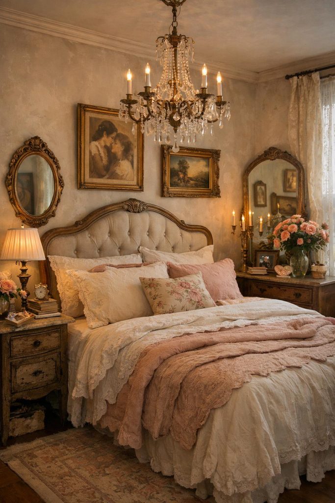 Romance lives in details that feel collected over time. Art with emotional weight, vintage objects, mirrors with soft edges, and small decorative accents bring character without overwhelming the space.