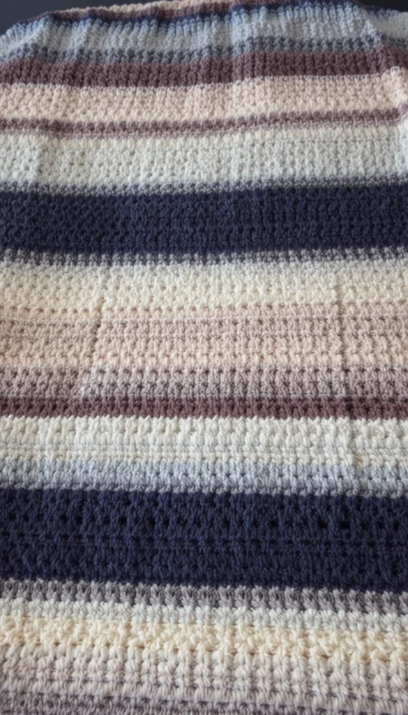 Thin stripes bring a nostalgic, handmade feel that reminds many people of heirloom blankets. The repetition of narrow lines creates rhythm and softness across the surface. This style works beautifully in classic colors like navy, burgundy, and off-white. It’s often chosen by those who enjoy slow, meditative projects. The finished blanket feels timeless rather than trendy.