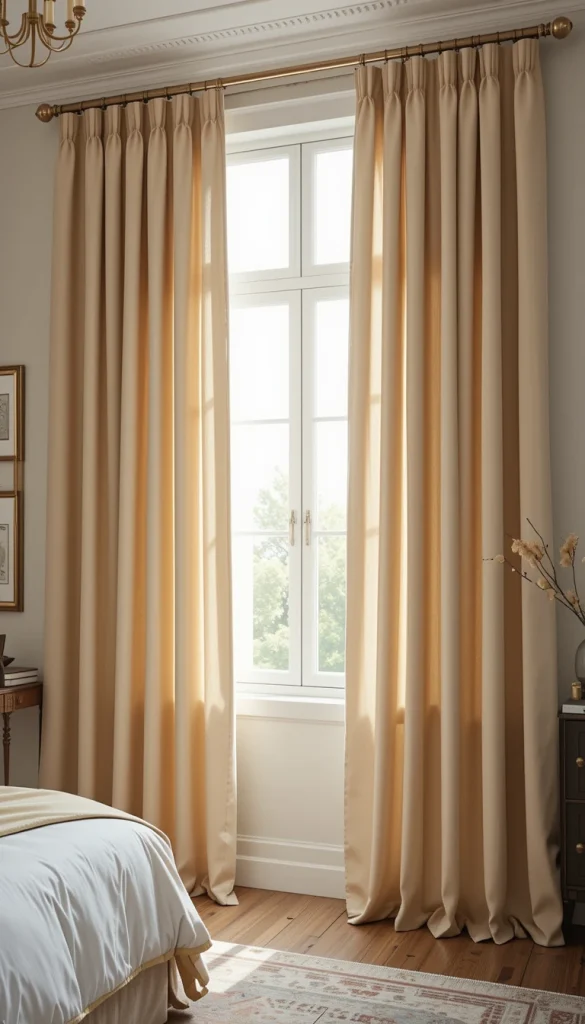 Champagne-colored curtains bring in warmth and light without looking flashy. The subtle golden undertone reflects light beautifully, adding a quiet glow to the bedroom. These curtains pair well with neutral palettes, soft textures, and warm lighting. They feel luxurious without being obvious. This is a great option if you want color that feels refined and understated.