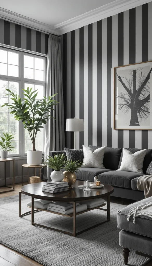 Charcoal stripes instantly give a living room presence. Soft gray balances the depth so the space doesn’t feel boxed in. Vertical lines here create drama while still guiding the eye upward. This works best in rooms with good natural light. Add metallic accents to elevate the look further.