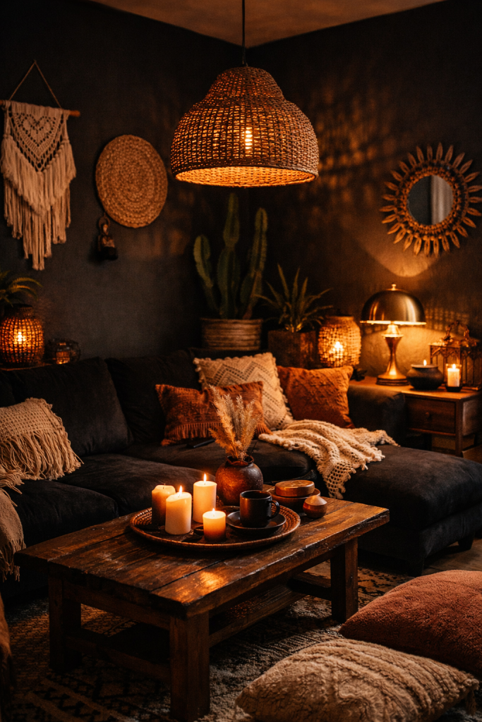 Lighting makes or breaks black interiors. Use warm bulbs, table lamps, and layered lighting to create a cozy glow. Avoid harsh overhead lighting. In real homes, this is what makes black spaces livable. Warm light equals instant comfort.