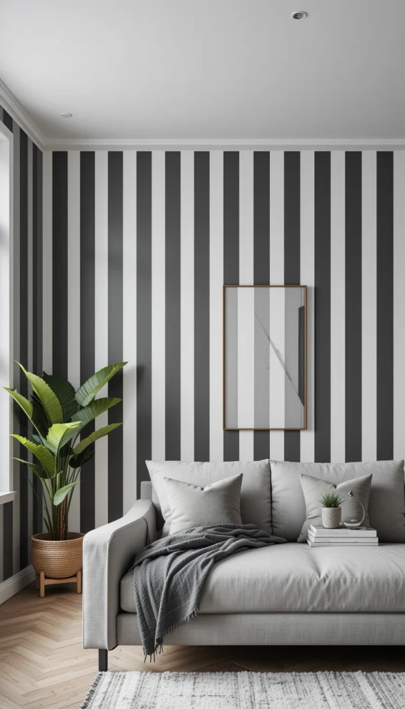 Dark gray stripes feel modern and slightly industrial. Warm white softens the contrast and keeps the room livable. Vertical stripes enhance ceiling height in city apartments. This look pairs well with metal, leather, and minimal decor. It feels sharp but comfortable.