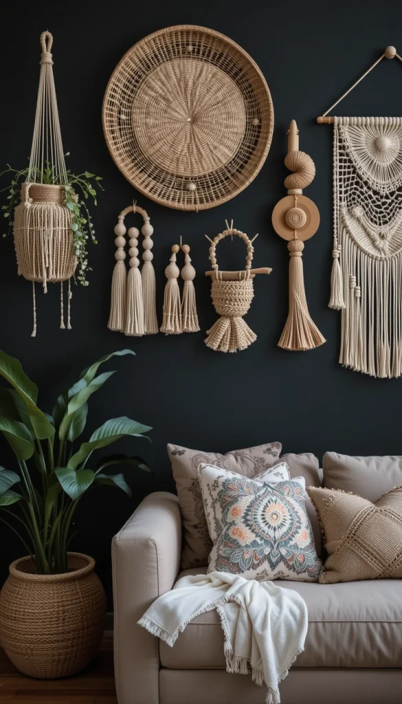 Woven baskets, macramé, and fiber art pop beautifully against black walls. The textures become the focus rather than the color itself. This approach adds depth without clutter. It’s ideal if you love handmade or global-inspired decor. The wall feels curated, not busy.