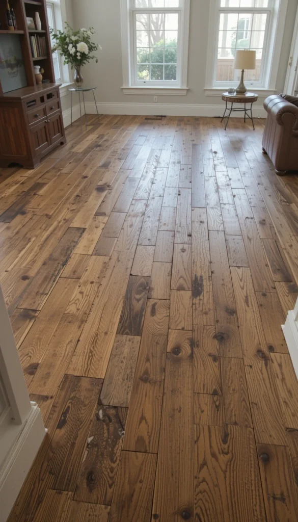 Reclaimed hardwood brings history and texture into your space. Old barn wood or salvaged planks show wear in a way that feels intentional and warm. While prep takes time, the end result feels one-of-a-kind. It’s also an eco-friendly option that reuses existing materials. Every scratch tells a story, which adds depth you can’t fake.