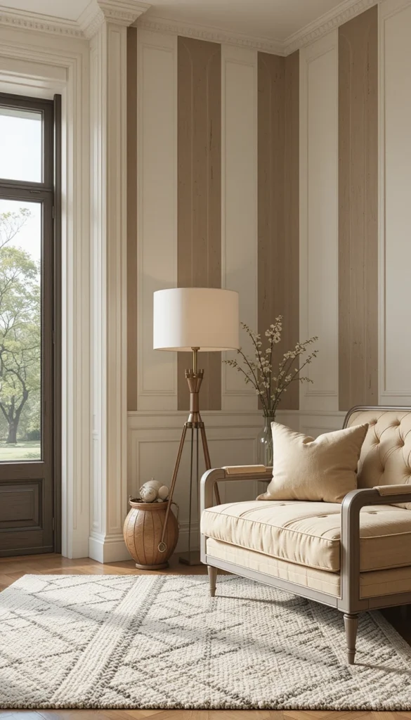 Using two shades of beige creates a layered, textured effect. The stripes are visible but never overpowering. Vertical lines subtly lift the space without drawing too much attention. This is ideal for small living rooms that need depth, not distraction. It proves stripes don’t have to be high-contrast to work.