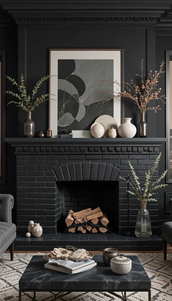 A black fireplace becomes an instant focal point. Whether painted brick or tiled, it adds structure to the room. Style the mantel with simple ceramics and organic decor. This keeps the look balanced and calm. It’s bold but timeless.