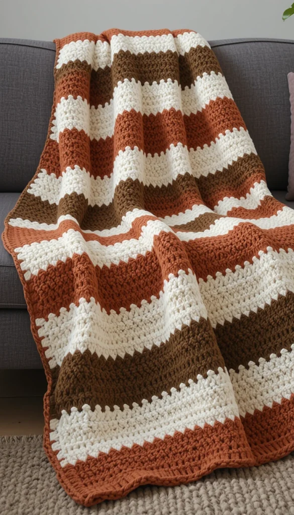 Wide stripes create a bold, confident look that feels intentional and modern. Instead of lots of thin lines, this blanket uses fewer, thicker color blocks. This approach works especially well with earthy tones like rust, olive, and warm cream. The result feels grounded and cozy without being busy. Many people choose this style for living rooms where they want the blanket to act as a design feature.