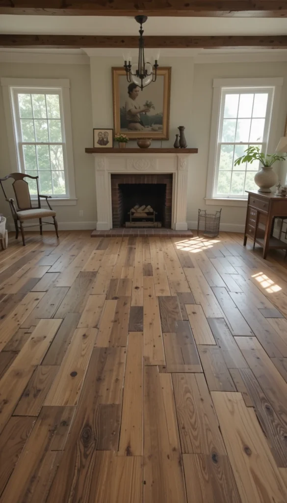 Using different plank widths creates visual depth without extra materials. It feels custom and architectural, even in smaller rooms. DIYers often achieve this by mixing reclaimed boards or cutting standard planks strategically. The irregular rhythm draws the eye across the floor instead of straight down it. This idea works especially well in older homes that already embrace character.