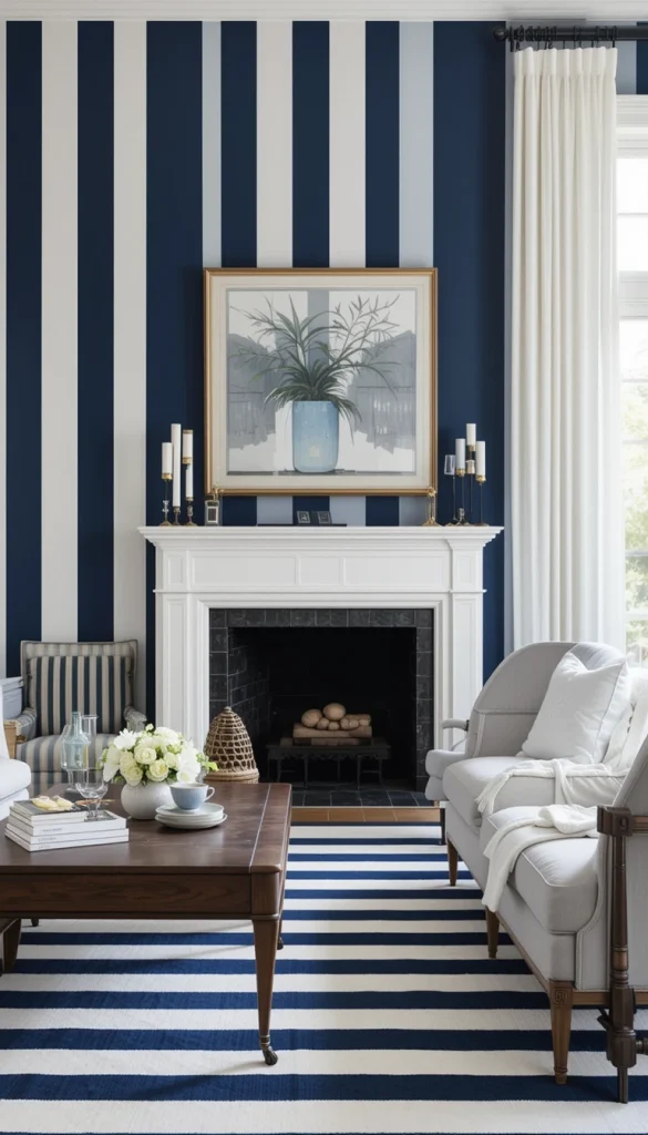 Navy stripes bring strong visual order to a living room. Paired with white, they feel classic rather than heavy. Vertical lines here add height and structure to large walls. This works well in both traditional and modern homes. It’s a safe bold choice that lasts.