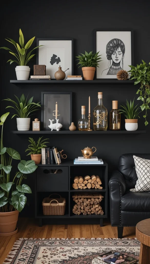 Black shelves create a strong backdrop for decor. Style them with plants, books, pottery, and personal objects for a layered look. The dark background makes every item stand out. This is a great solution for storage that still feels decorative. Practical doesn’t have to look boring.