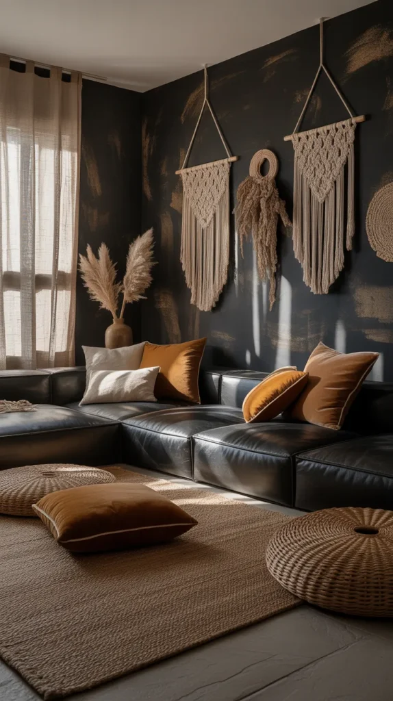Textured finishes like limewash or plaster add depth to black walls. The subtle variation keeps the color from feeling flat. Texture is key when working with dark palettes. It adds interest without needing extra decor. Quietly beautiful.