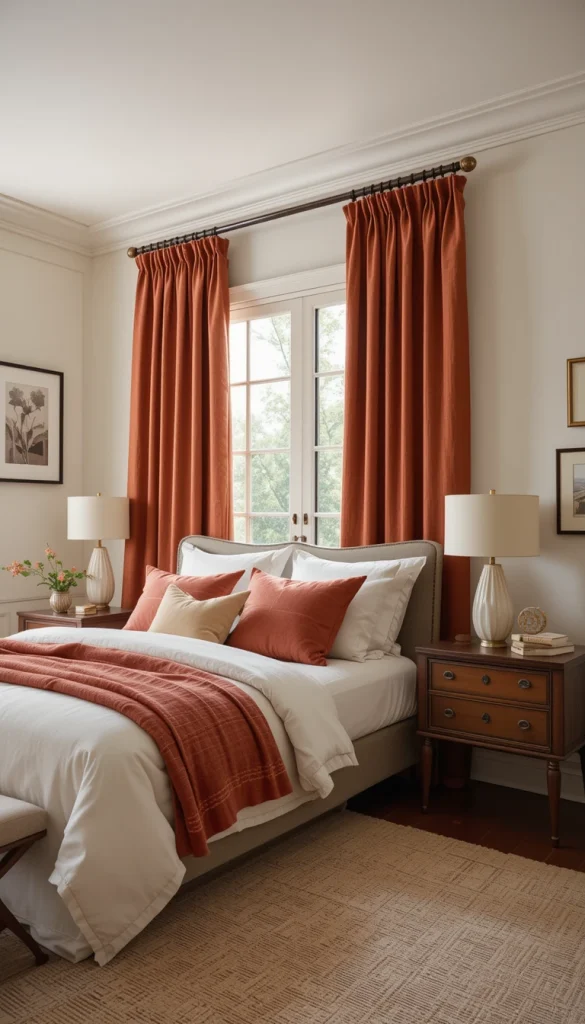 Terracotta curtains add warmth and personality while still feeling sophisticated. When used in a bedroom with light walls and natural textures, they create a cozy but elevated vibe. The earthy tone feels intentional and curated rather than trendy. Linen or woven fabrics help soften the color and keep it from overpowering the room. This is a great example of how warm color can feel elegant when paired thoughtfully.