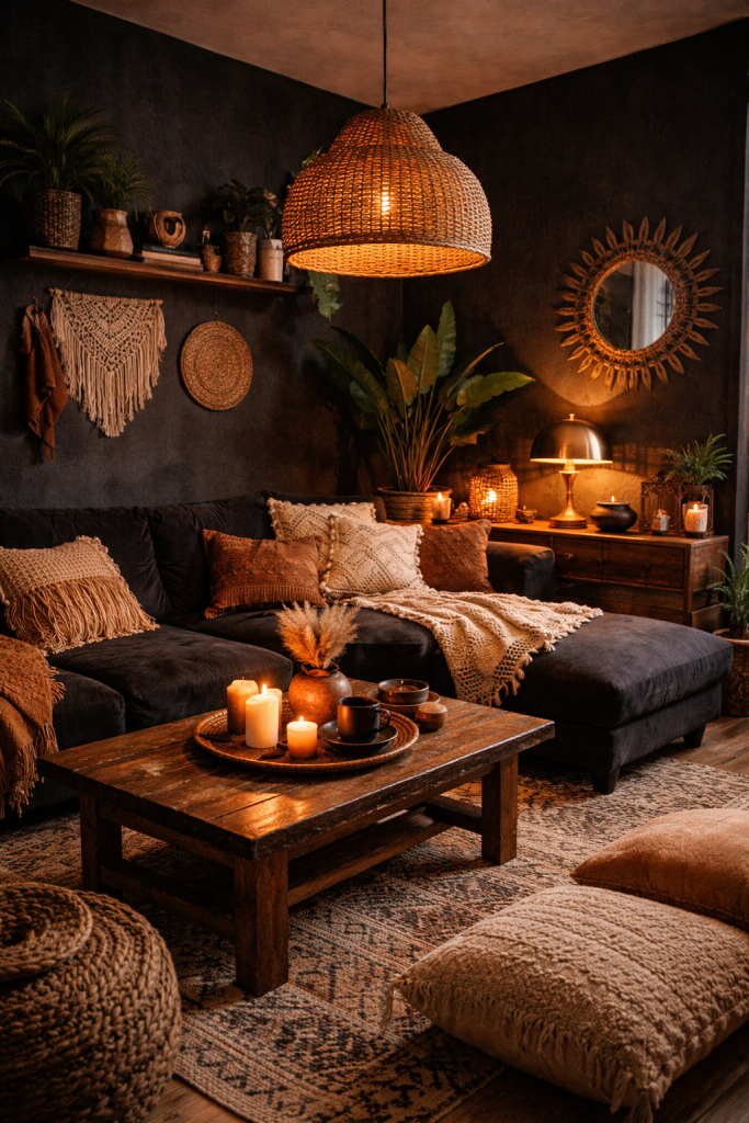 The most successful black boho living rooms are fully layered. Black is used across walls, furniture, and accents, balanced with wood, plants, textiles, and warm lighting. Every element feels intentional, not random. The space feels expressive but calm. This is black boho done right—bold, grounded, and deeply inviting.