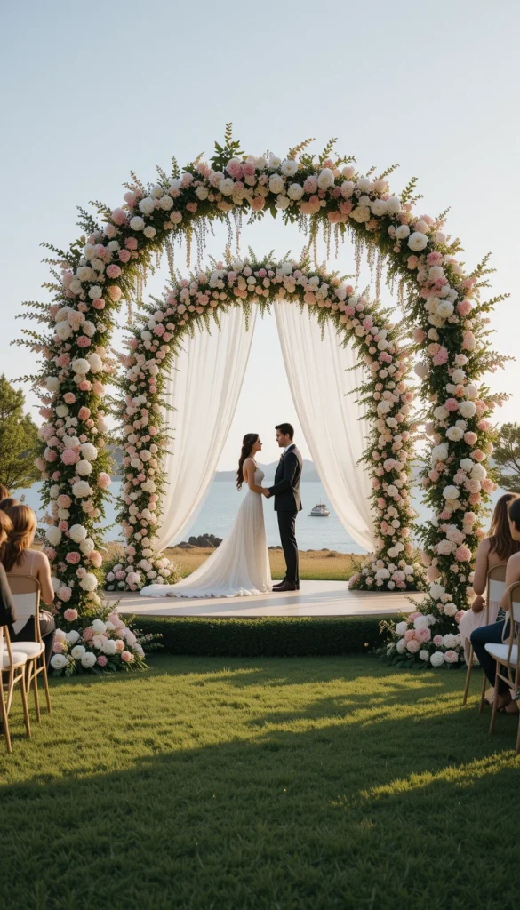 Instead of a full arch, floral pillars create openness. They frame the couple while keeping sightlines clear. This design feels elegant and modern without being cold. It’s especially effective for large guest lists, as everyone can see the ceremony clearly. The balance between structure and openness feels refined.