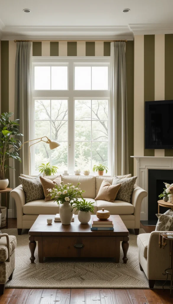 Olive stripes bring depth without the heaviness of darker greens. Cream keeps the space light and approachable. Vertical lines add structure to casual living rooms. This works well in homes that blend modern and rustic elements. It feels effortless and lived-in.
