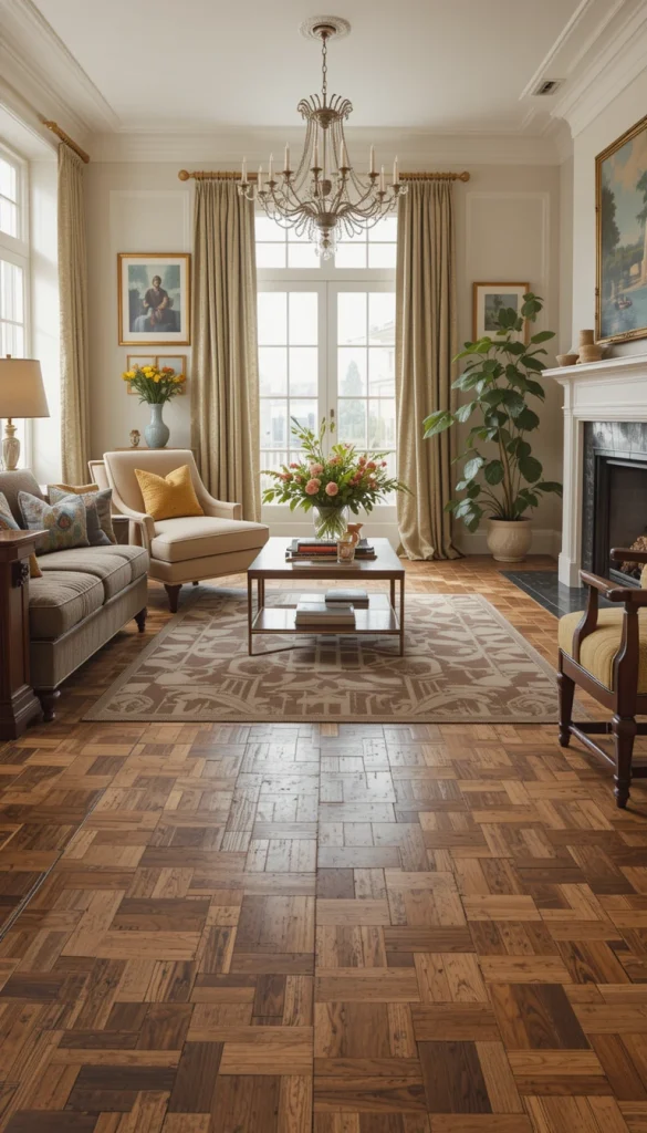 Parquet flooring uses small wood pieces arranged in repeating patterns. While it looks intricate, many DIY kits simplify the process. The finished look adds texture without overwhelming the room. It works best in dining rooms or formal living spaces. This is a great way to add detail without loud color.