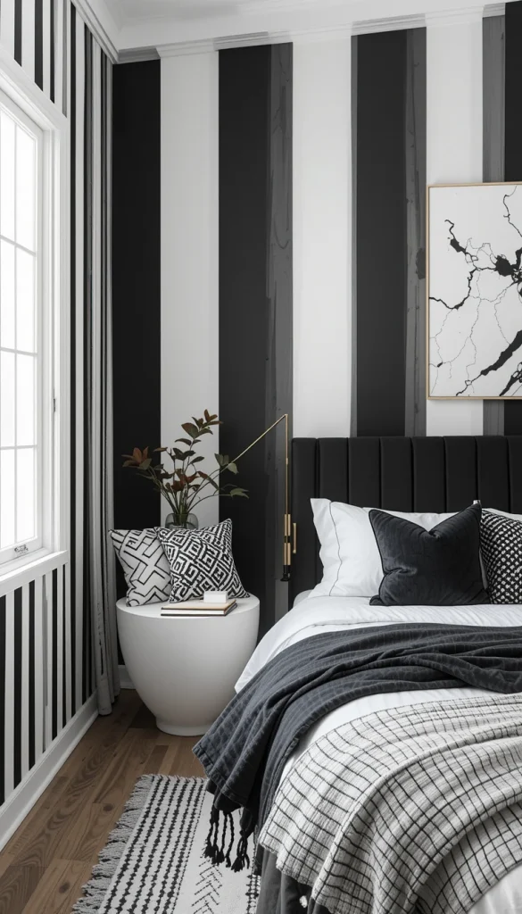 Black stripes add instant drama when used thoughtfully. Soft white prevents the look from becoming too harsh. Vertical stripes help black feel intentional instead of heavy. This works best as an accent wall rather than the entire room. The effect is striking and modern.