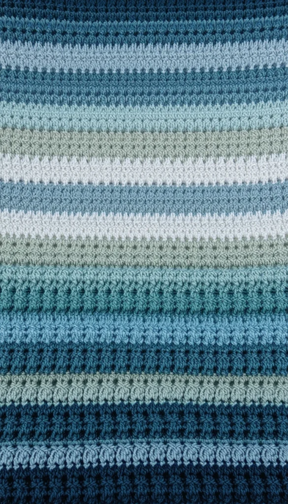 Ombre stripes shift gradually from light to dark, creating a smooth visual transition. This technique works especially well with blues, greens, or warm sunset tones. The stripes feel intentional but soft, almost like watercolor in yarn form. Many makers enjoy this style because it looks complex while using a simple repeat pattern. The finished blanket feels calm, modern, and thoughtfully made.