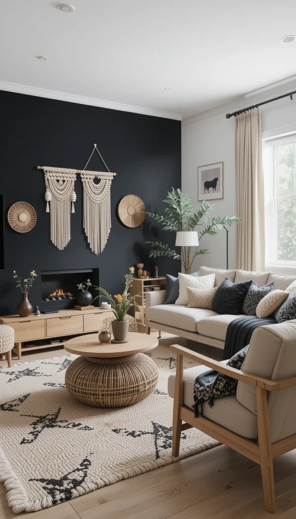 A black accent wall instantly adds depth without overwhelming the room. Pair it with neutral rugs, macramé wall hangings, and light wood furniture to soften the contrast. This works well in living rooms that feel flat or undefined. The black anchors the space while the textures keep it warm. It’s a strong but approachable starting point.