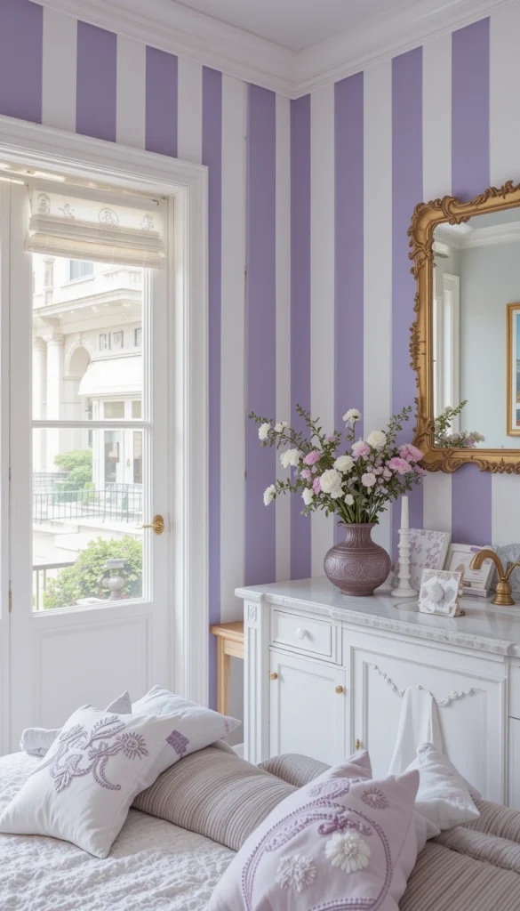 Lavender stripes add color without overwhelming the space. White keeps the palette light and open. Vertical lines help the color read as intentional design, not whimsy. This is a great choice for creative or eclectic homes. It adds charm without sacrificing sophistication.