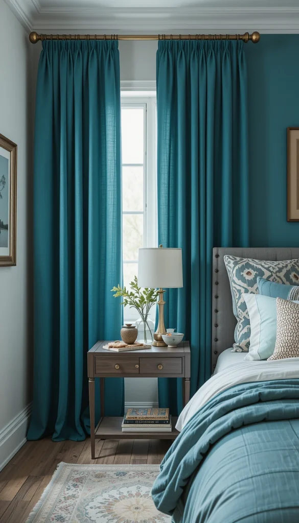 Muted teal curtains add character while still maintaining balance. This color works best when the rest of the bedroom is kept simple and neutral. The depth of teal brings visual interest without overwhelming the space. Choosing a heavier fabric helps anchor the color and enhance its elegance. It’s perfect for bedrooms that need a little personality without chaos.