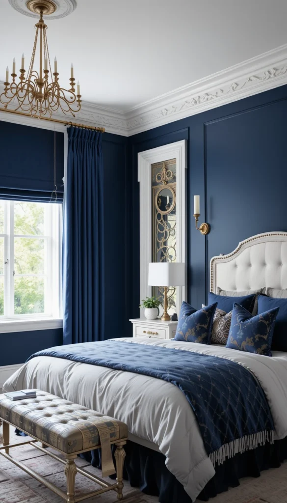 Navy is a classic color that instantly adds structure to a bedroom. As curtains, it frames windows beautifully and adds contrast against lighter walls. Navy works especially well in elegant bedrooms with white trim, layered bedding, and metallic accents. The depth of the color adds sophistication without feeling trendy. It’s a confident choice that still feels timeless.