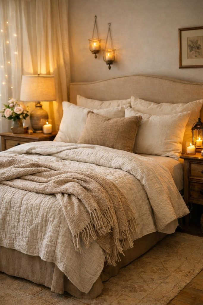 Neutral sheets in warm tones create a soft base, while a textured duvet or quilt adds depth. Throws draped loosely at the foot of the bed introduce movement and comfort. Pillows should feel intentional but not excessive — too many can make the bed feel stiff instead of inviting.