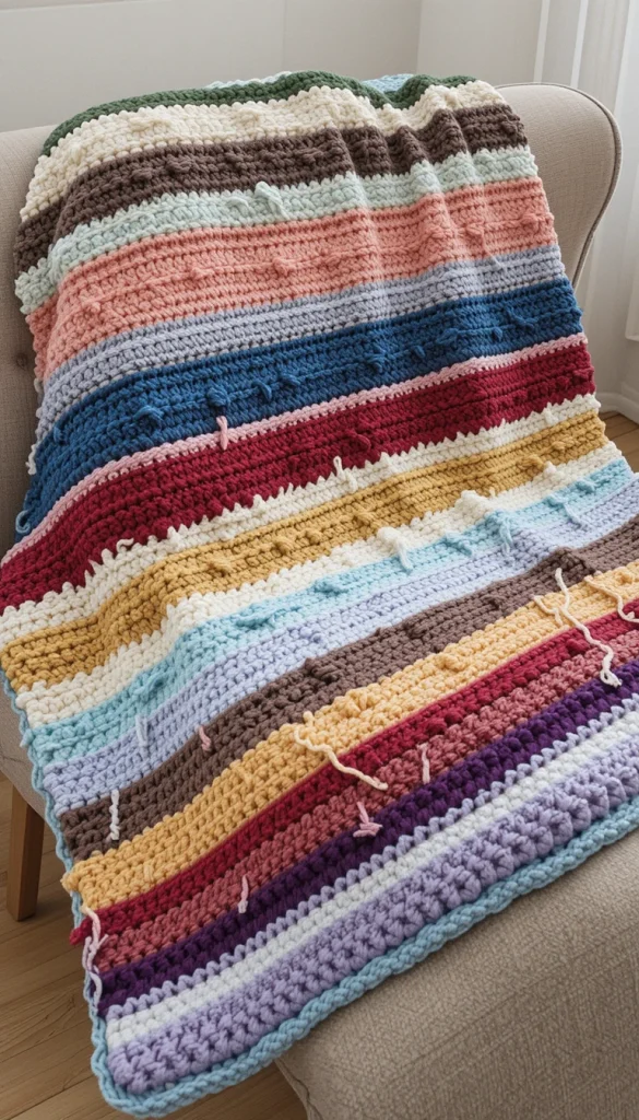 This is where stripes really shine for practical makers. A scrap yarn striped blanket uses leftover yarn in different colors, turning odds and ends into something meaningful. The stripes don’t have to match perfectly—imperfection is part of the charm. These blankets often tell a story, with each stripe representing a past project or season of life. In real homes, they’re usually the most sentimental pieces.