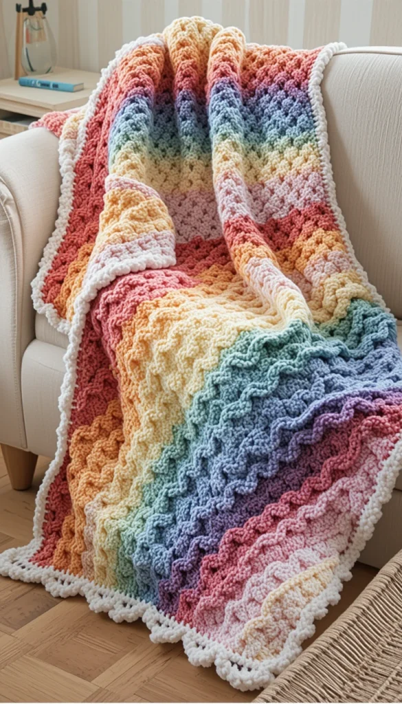 A rainbow striped crotchet blanket is cheerful without needing extra embellishment. Each stripe flows into the next, creating movement and joy across the blanket. This idea is especially popular for children’s rooms, but adults love it too when paired with neutral decor. The key is keeping stripe widths consistent so the colors feel balanced. In everyday use, this blanket instantly lifts the mood of a room.